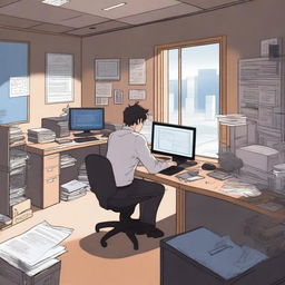 A male protagonist is in a typical office workspace when his soul suddenly gets transported to another world