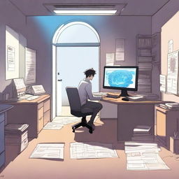 A male protagonist is in a typical office workspace when his soul suddenly gets transported to another world