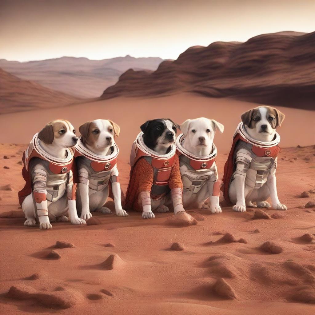 Five puppies, including two females and three males, dressed in superhero costumes on the surface of Mars