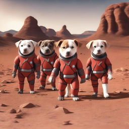 Five puppies, including two females and three males, dressed in superhero costumes on the surface of Mars