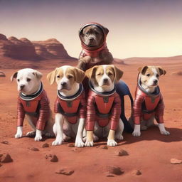 Five puppies, including two females and three males, dressed in superhero costumes on the surface of Mars