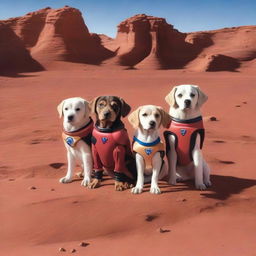 Five puppies, including two females and three males, dressed in superhero costumes on the surface of Mars