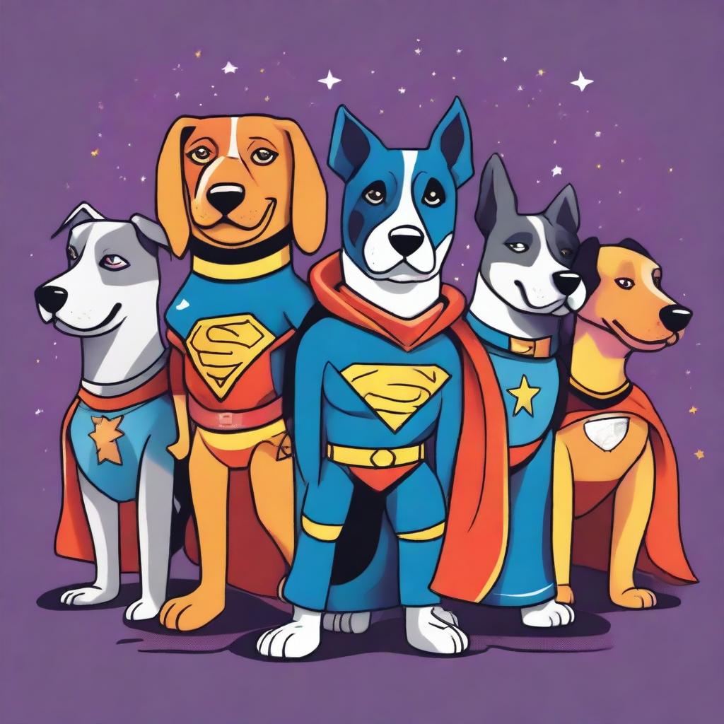 A whimsical drawing of 5 dogs dressed in superhero outfits