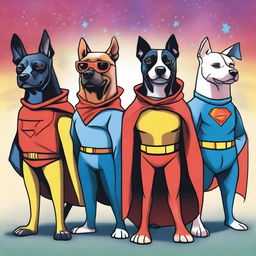 A whimsical drawing of 5 dogs dressed in superhero outfits