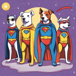 A whimsical drawing of 5 dogs dressed in superhero outfits