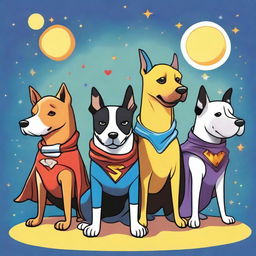 A whimsical drawing of 5 dogs dressed in superhero outfits