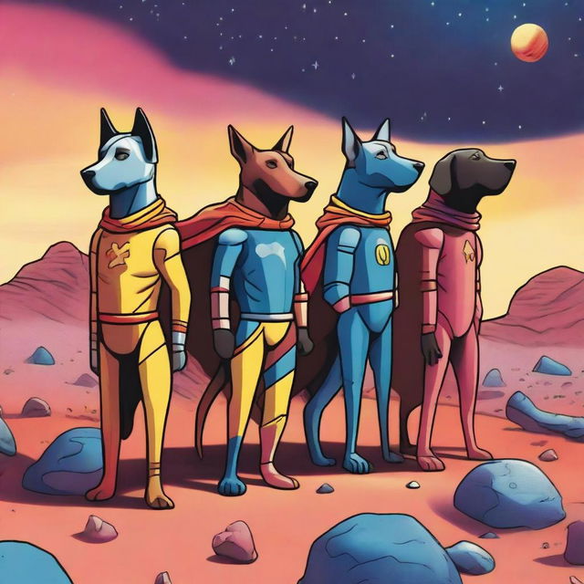 A whimsical drawing of five dogs on Mars wearing superhero costumes in blue, yellow, black, pink, and red