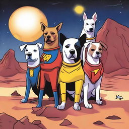 A whimsical drawing of five dogs on Mars wearing superhero costumes in blue, yellow, black, pink, and red