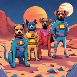 A whimsical drawing of five dogs on Mars wearing superhero costumes in blue, yellow, black, pink, and red