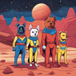 A whimsical drawing of five dogs on Mars wearing superhero costumes in blue, yellow, black, pink, and red