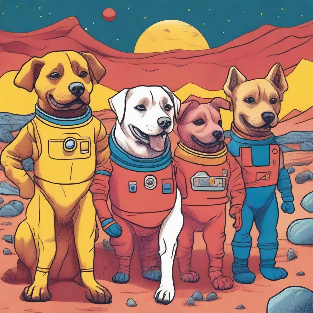 A whimsical drawing of five smiling dogs on Mars, each dressed in superhero costumes