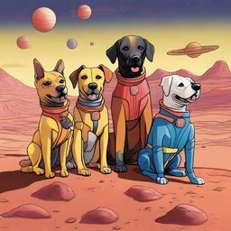 A whimsical drawing of five smiling dogs on Mars, each dressed in superhero costumes