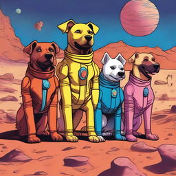 A whimsical drawing of five smiling dogs on Mars, each dressed in superhero costumes