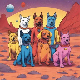 A whimsical drawing of five smiling dogs on Mars, each dressed in superhero costumes