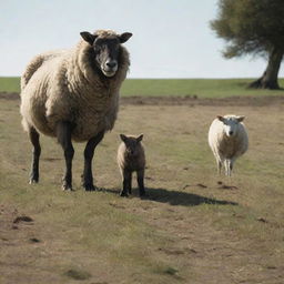 A realistic sheep standing in broad daylight with a menacing shadow of a wolf behind it, creating a dramatic contrast