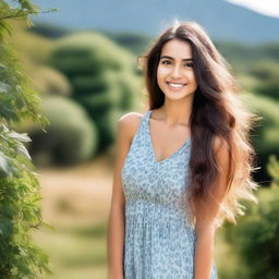 A beautiful girl with long flowing hair, wearing a stylish dress, standing in a scenic outdoor setting with a serene smile on her face