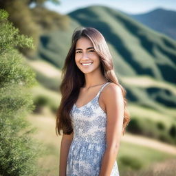 A beautiful girl with long flowing hair, wearing a stylish dress, standing in a scenic outdoor setting with a serene smile on her face