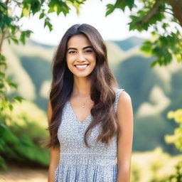 A beautiful girl with long flowing hair, wearing a stylish dress, standing in a scenic outdoor setting with a serene smile on her face