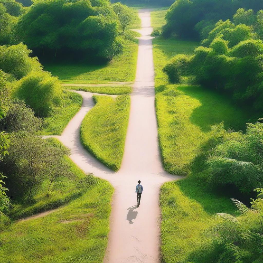 A scenic place with multiple paths diverging in different directions, and a person standing at the crossroads trying to decide which path to take