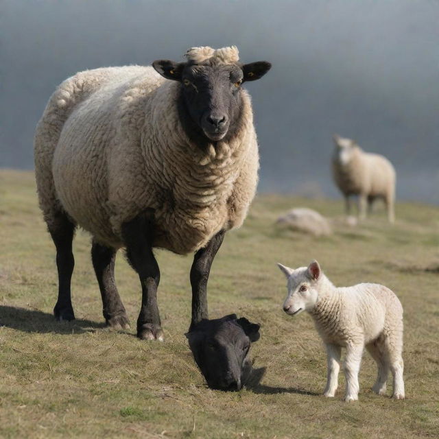 A realistic sheep standing in broad daylight with a menacing shadow of a wolf behind it, creating a dramatic contrast