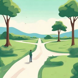 A scenic place with multiple paths diverging in different directions, and a person standing at the crossroads trying to decide which path to take