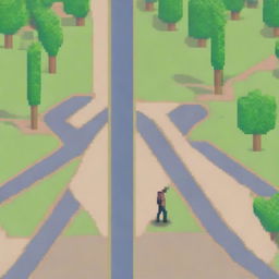 A scene featuring multiple paths diverging in different directions with a person standing at the intersection, trying to decide which path to take