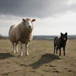 A realistic sheep standing in broad daylight with a menacing shadow of a wolf behind it, creating a dramatic contrast