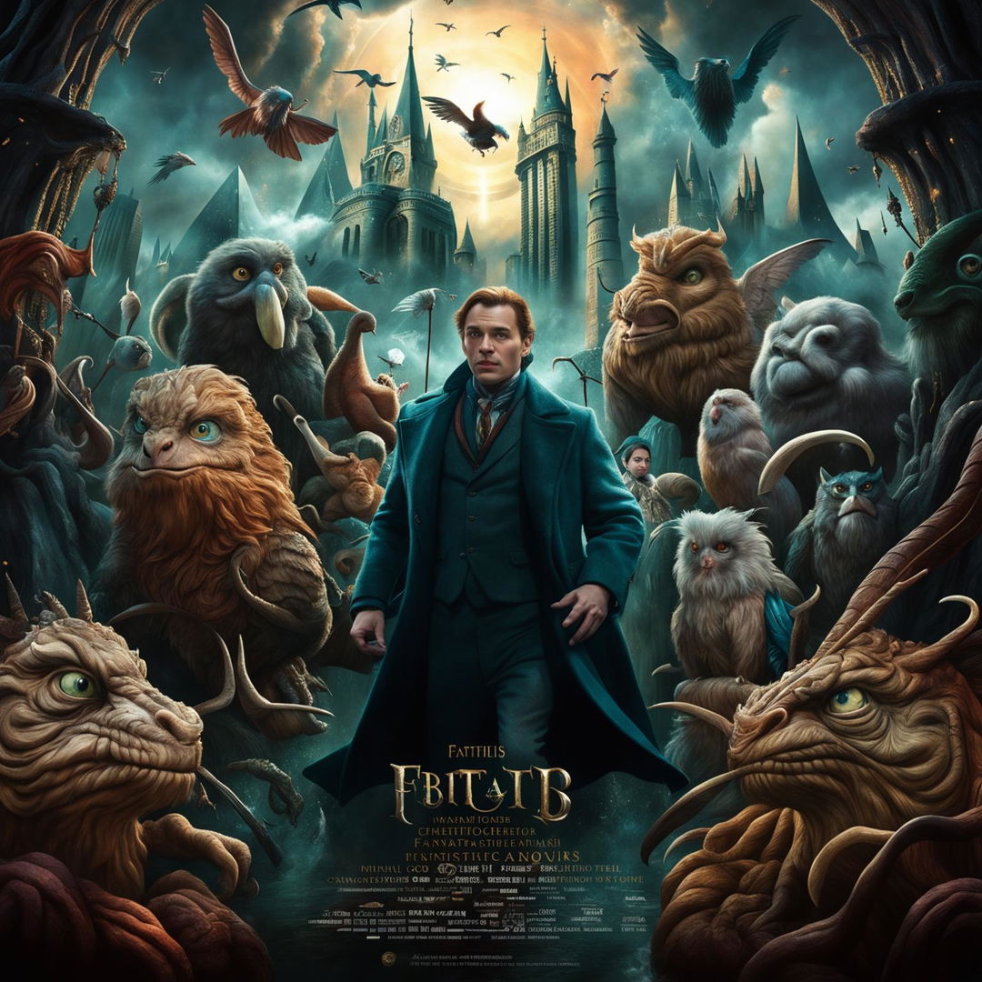 A high-definition, cinematic poster inspired by 'Fantastic Beasts and Where to Find Them,' featuring only the magical creatures from the film in a fantastical, vibrant, and detailed manner, with an enchanting, mystical landscape background