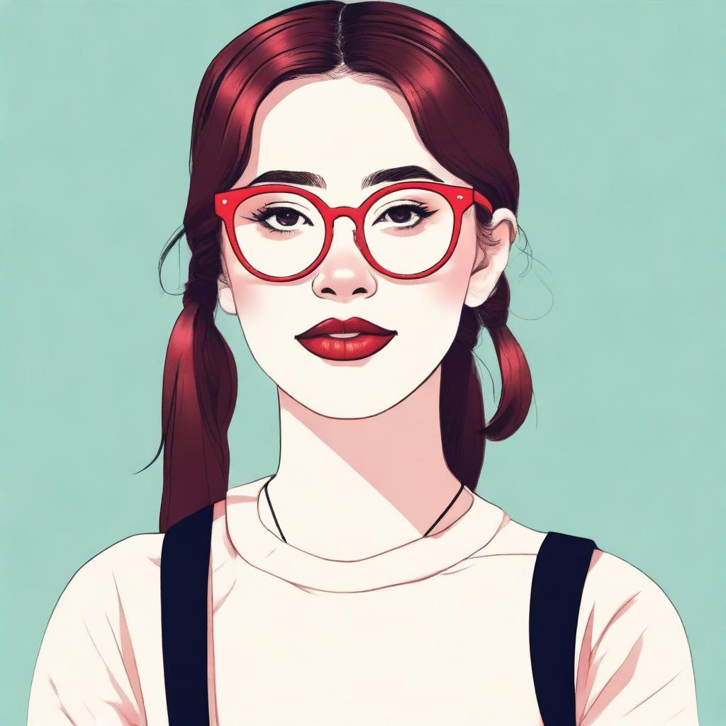 A portrait of a person with pigtails, wearing glasses and red lipstick