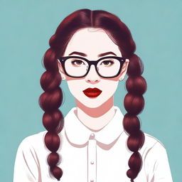 A portrait of a person with pigtails, wearing glasses and red lipstick