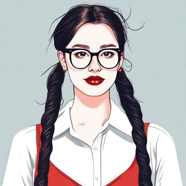 A portrait of a person with pigtails, wearing glasses and red lipstick