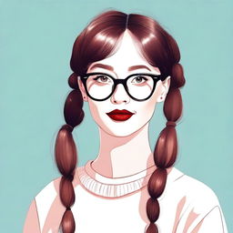 A portrait of a person with pigtails, wearing glasses and red lipstick