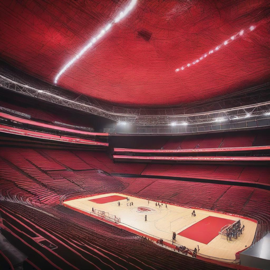 A vibrant indoor stadium featuring a prominent red landmark at its center