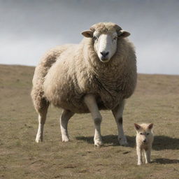 A realistic sheep standing in broad daylight with a menacing shadow of a wolf behind it, creating a dramatic contrast