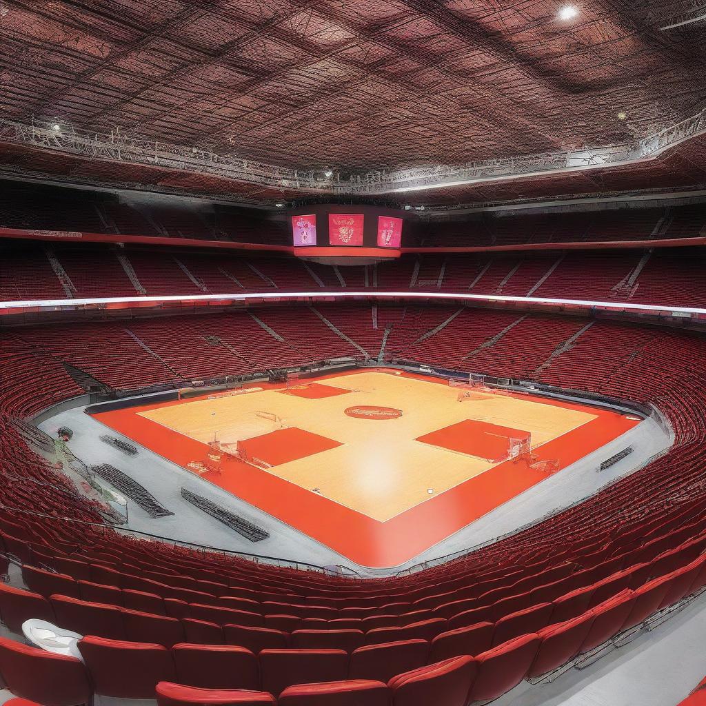 A vibrant indoor stadium featuring a prominent red landmark at its center