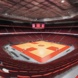 A vibrant indoor stadium featuring a prominent red landmark at its center