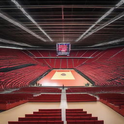 A vibrant indoor stadium featuring a prominent red landmark at its center