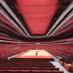 A vibrant indoor stadium featuring a prominent red landmark at its center