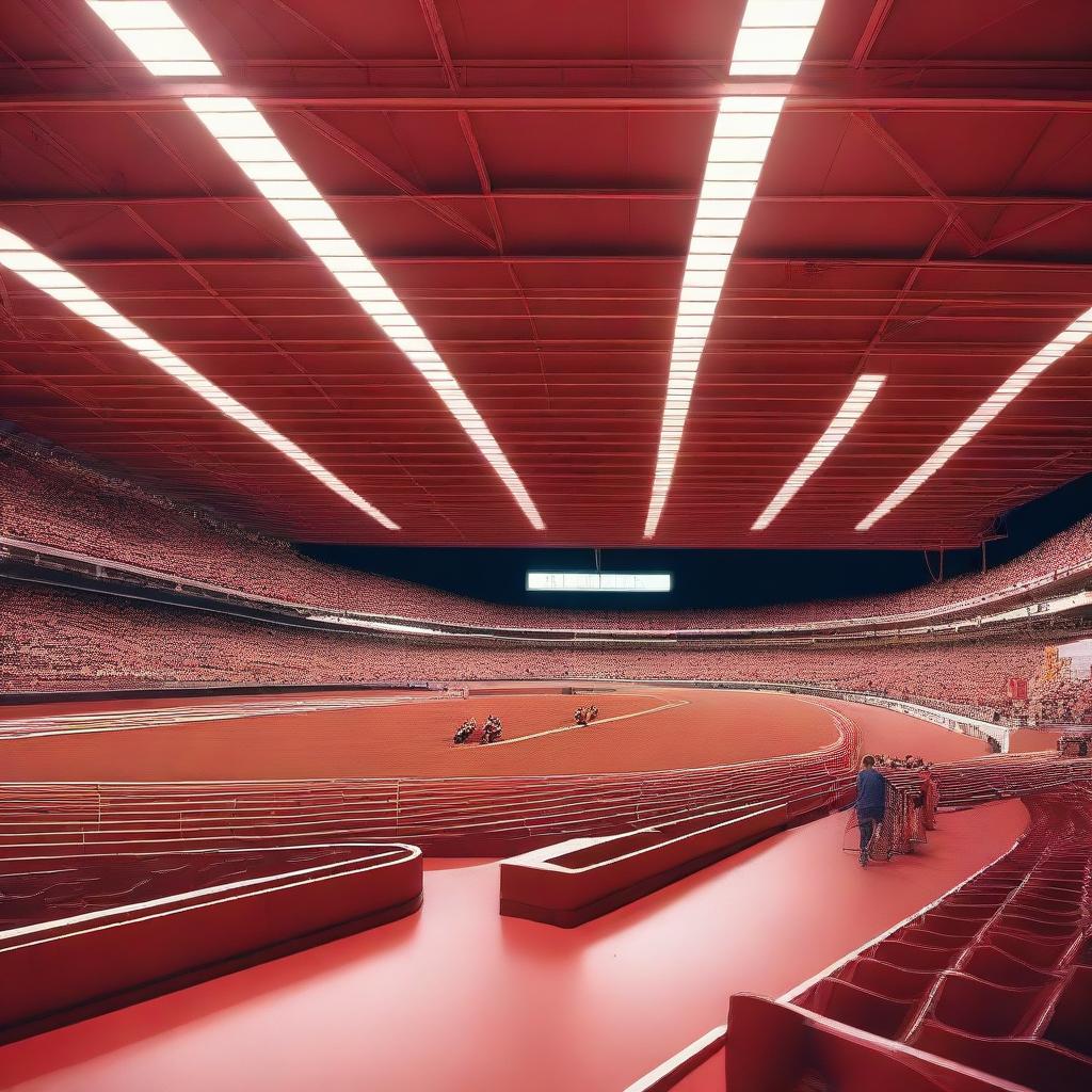 A vibrant indoor racetrack featuring a prominent red landmark at its center