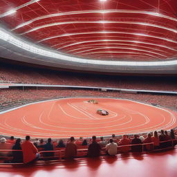 A vibrant indoor racetrack featuring a prominent red landmark at its center