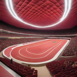 A vibrant indoor racetrack featuring a prominent red landmark at its center