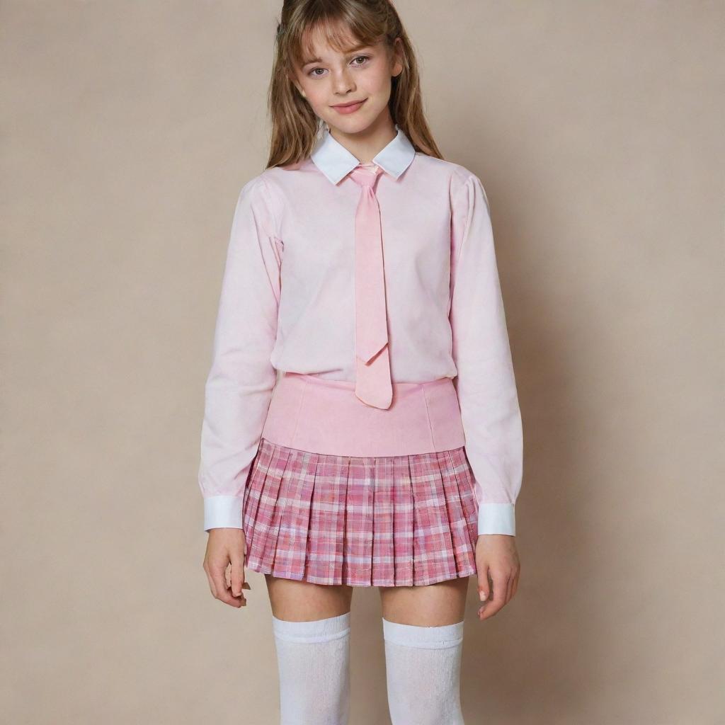 A girl wearing a pink and white schoolgirl uniform, consisting of a pleated plaid skirt, button-up shirt, and knee-high socks.