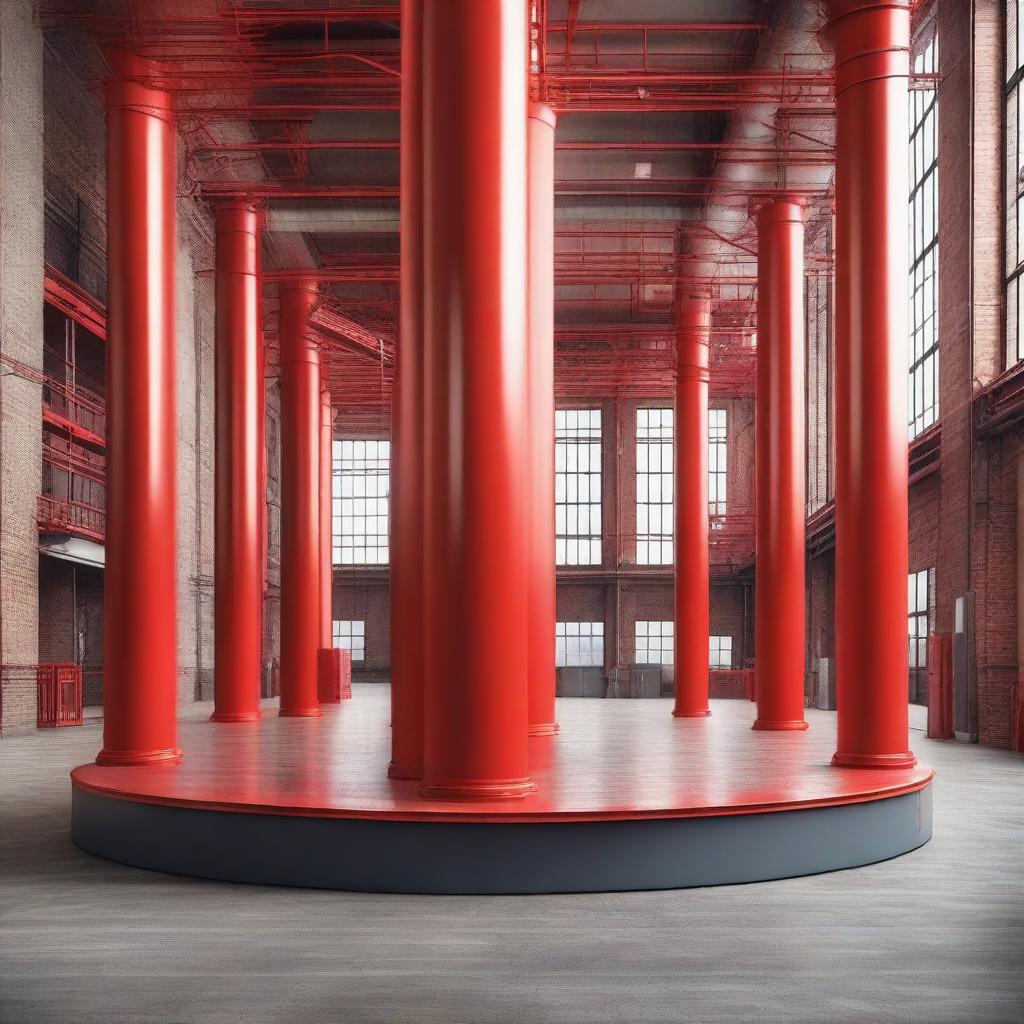 A circular ramp with industrial design featuring red landmark lines and red steel columns for support