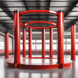 A circular ramp with industrial design featuring red landmark lines and red steel columns for support