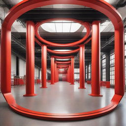 A circular ramp with industrial design featuring red landmark lines and red steel columns for support