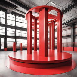 A circular ramp with industrial design featuring red landmark lines and red steel columns for support