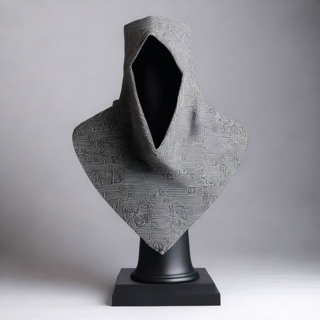 An intricately designed cowl displayed on a pedestal, inspired by DnD magic item cards