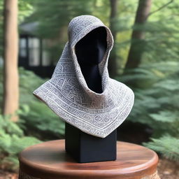 An intricately designed cowl displayed on a pedestal, inspired by DnD magic item cards