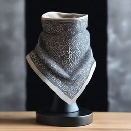 An intricately designed cowl displayed on a pedestal, inspired by DnD magic item cards