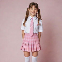 A girl wearing a pink and white schoolgirl uniform, consisting of a pleated plaid skirt, button-up shirt, and knee-high socks.